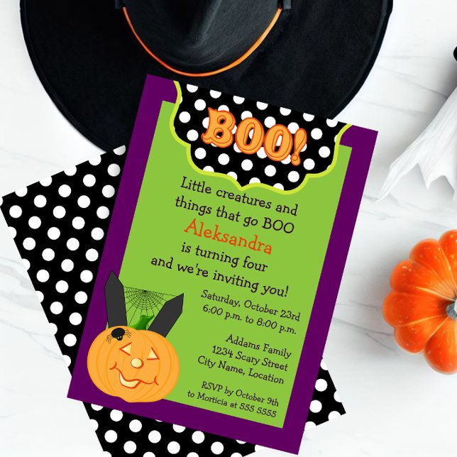Kinderfeiertag Einladung (Celebrate a Halloween birthday with this cute BOO and pumpkin invitation.)