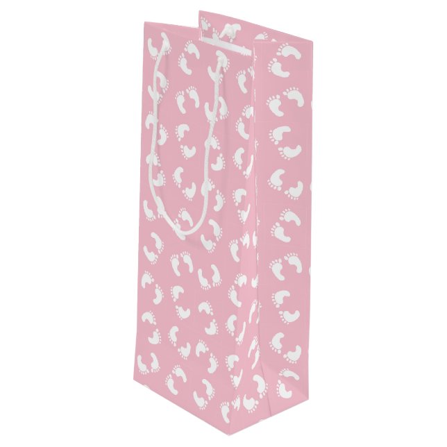 Kinderfußspuren, Babyfuß, Fußspuren, rosa Girl Geschenktüte Für Weinflaschen (Rückseite Schrägansicht)