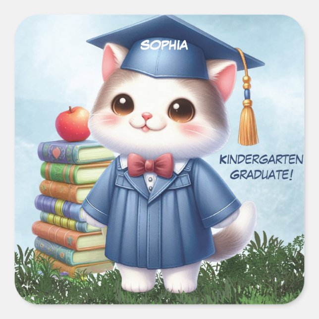 Kindergarten Abschluss Girl Cat Herzlichen Glückwu Quadratischer Aufkleber (Vorderseite)