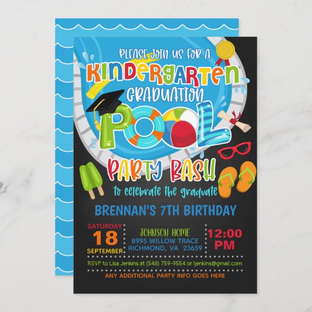 Kindergarten Abschluss Pool Party - Junge B Einladung (Vorne/Hinten)