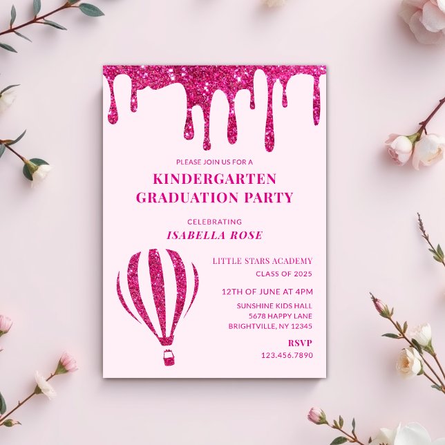 Kindergarten Kindergarten-Glitzer Einladung (hot pink kindergarten graduation party invitations, graduation invitations, graduation day invites)