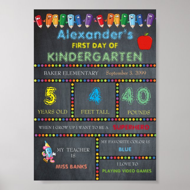 Kindergarten Kindergarten Sign BOY, Chalkboard 2 Poster (Vorne)