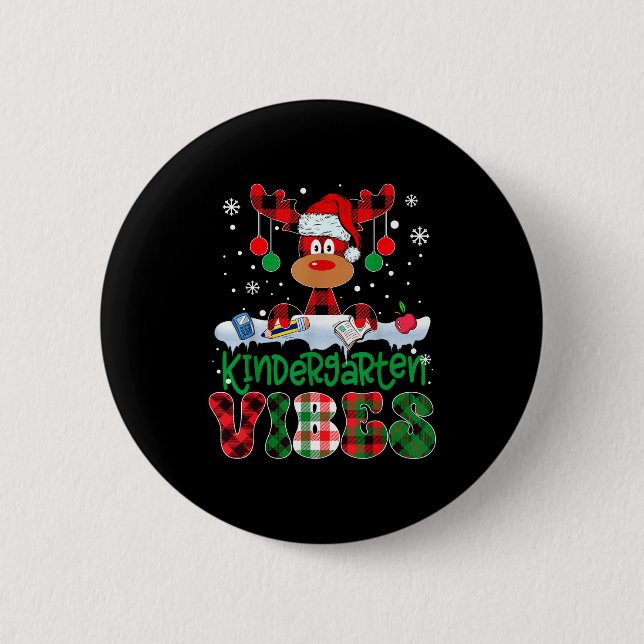 Kindergarten Vibes Teacher Buffalo Plaid Reindeer  Button (Vorderseite)