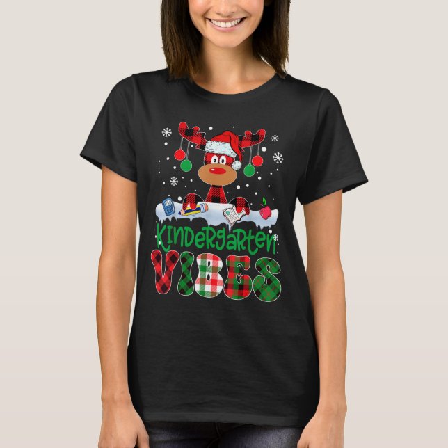Kindergarten Vibes Teacher Buffalo Plaid Reindeer  T-Shirt (Vorderseite)