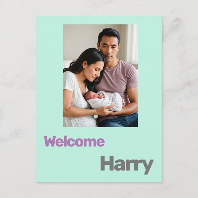 KinderGeburtsankündigung blau lila Postkarte (Vorderseite)