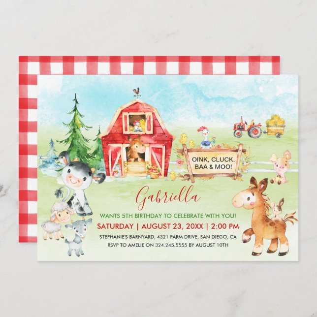 Kindergeburtstag "Aquarellbarnylard" und "Landtier Einladung (Vorne/Hinten)