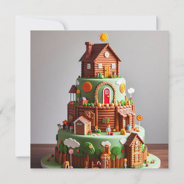 KINDERGEBURTSTAG CAKE MIT LOG CABIN THEMA KARTE (Vorderseite)
