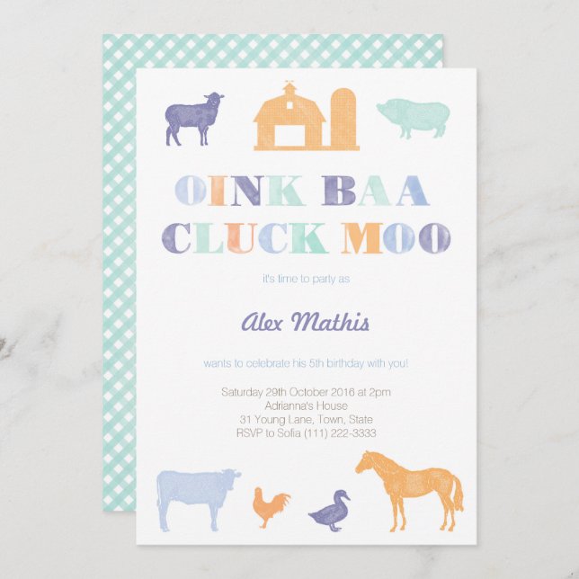 Kindergeburtstag einlädt, Bauernhof-Party, Streich Einladung (Vorne/Hinten)