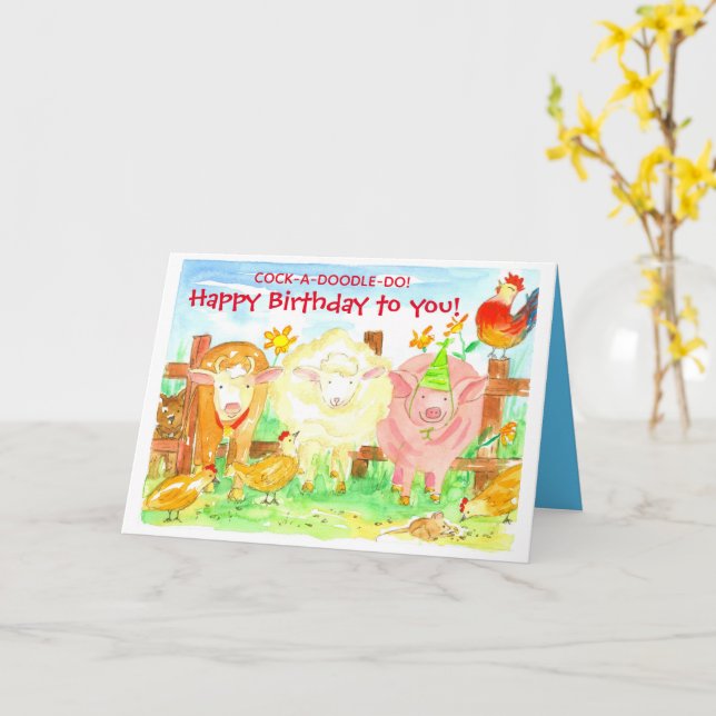 Kindergeburtstag Farmtiere Schweinekuh Rooster Karte (Gelbe Blume)