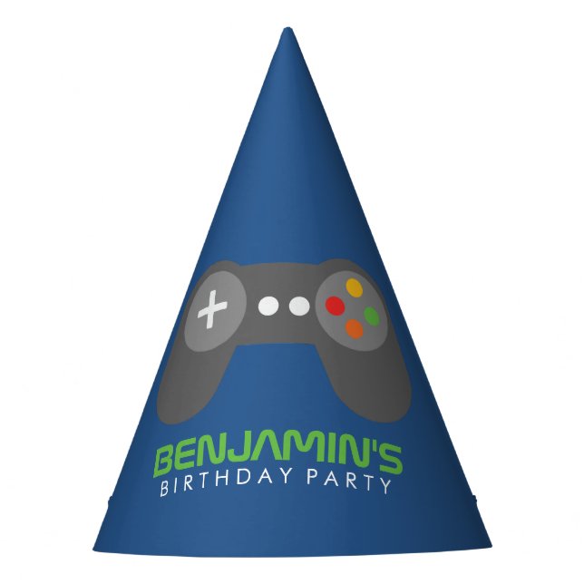 Kindergeburtstag für den blauen Videospielcontroll Partyhütchen (Vorderseite)