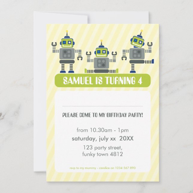 KINDERGEBURTSTAG PARTY INVITE Modernes Robotertrio Einladung (Vorderseite)