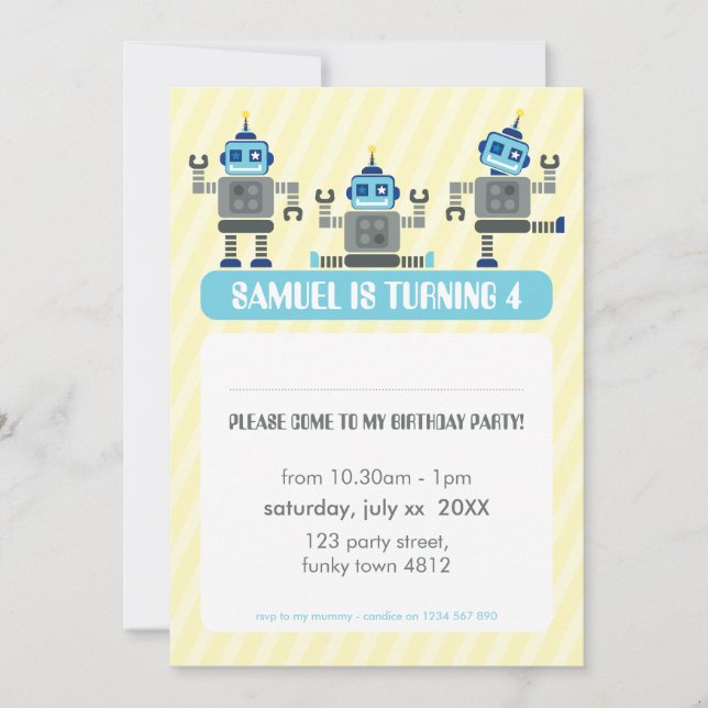 KINDERGEBURTSTAG PARTY INVITE Modernes Robotertrio Einladung (Vorderseite)