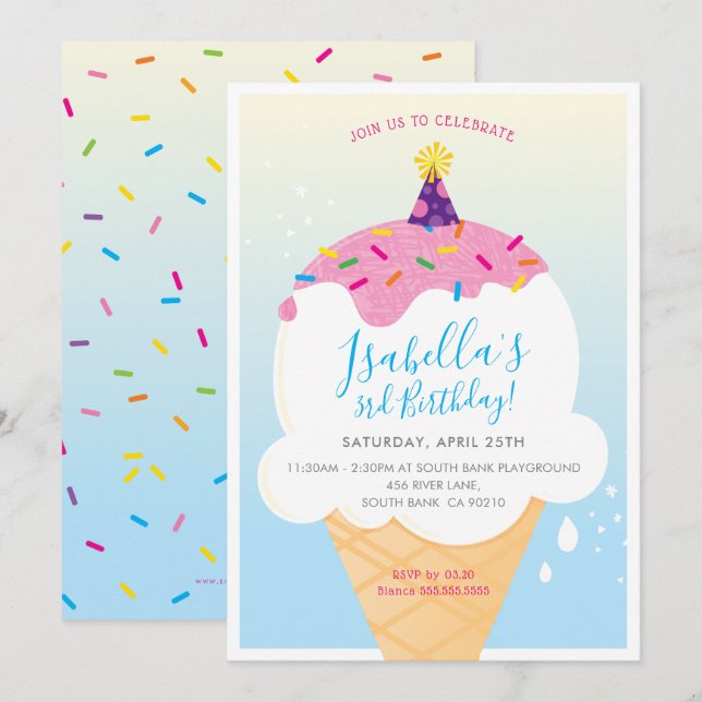 KINDERGEBURTSTAG PARTY INVITE Retro-Eis-Kegel Einladung (Vorne/Hinten)