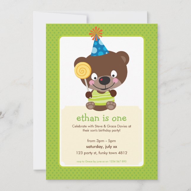 KINDERGEBURTSTAG PARTY INVITE Teddybear lollipop Einladung (Vorderseite)