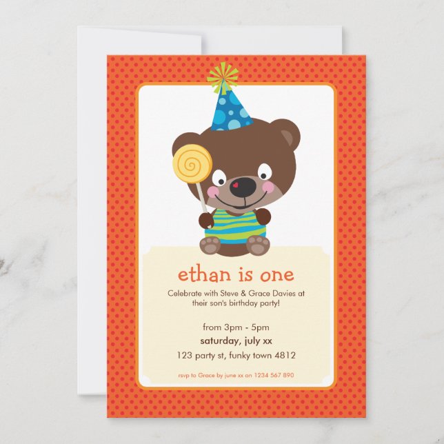 KINDERGEBURTSTAG PARTY INVITE Teddybear lollipop Einladung (Vorderseite)