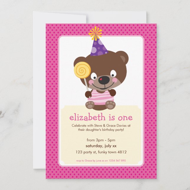KINDERGEBURTSTAG PARTY INVITE Teddybear lollipop Einladung (Vorderseite)