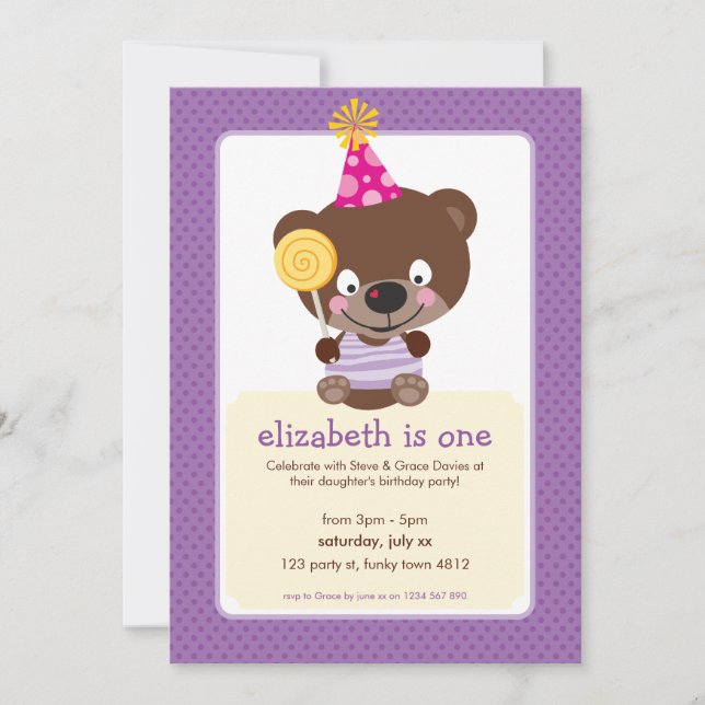 KINDERGEBURTSTAG PARTY INVITE Teddybear lollipop Einladung (Vorderseite)