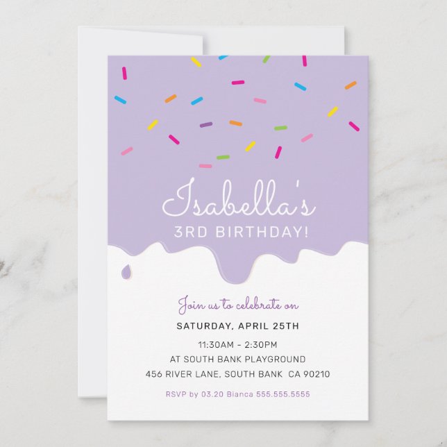 KINDERGEBURTSTAG PARTY Kuchen Tropfen Sprinklen li Einladung (Vorderseite)