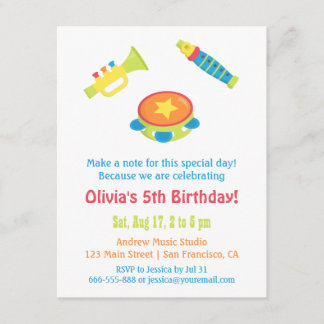 Kindergeburtstag-Party mit farbigen Musikinstrumen Einladung