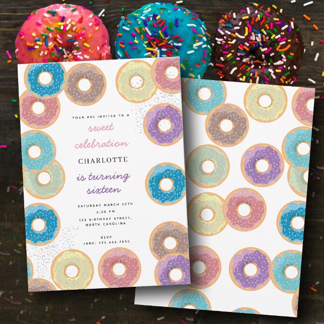 Kindergeburtstag "Pastel Donuts & Sprinkles" Einladung (Colorful Pastel Donuts & Sprinkles Kids Birthday Invitation)