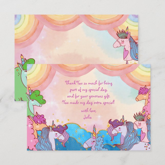 Kindergeburtstag Pastel Unicorn Dankeskarte (Vorne/Hinten)