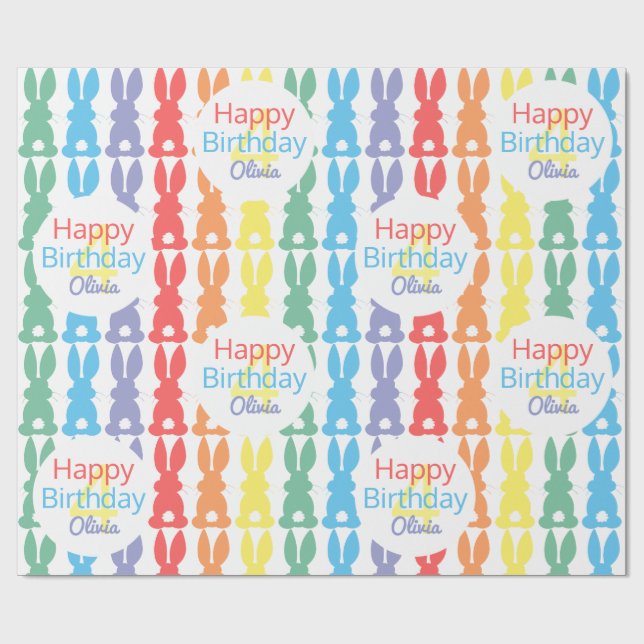 Kindergeburtstag Rainbow Bunny Muster Personalisie Geschenkpapier (Flach)