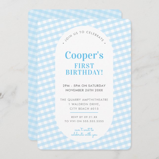 KINDERGEBURTSTAG Vintag Gingham Musterjunge Blau I Einladung (Vorne/Hinten)