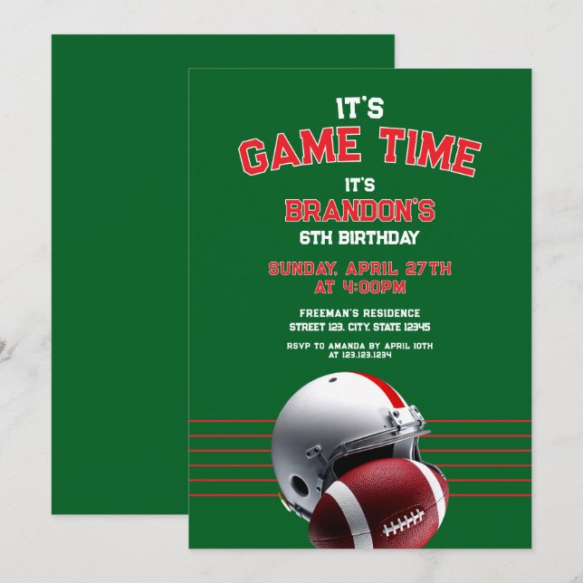 Kindergeburtstag von Green & Red Football Einladung (Vorne/Hinten)