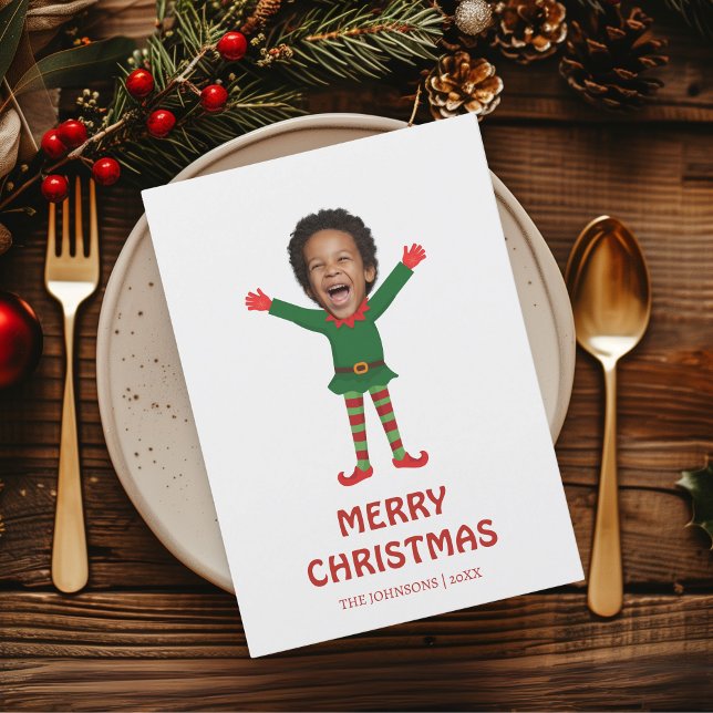 Kindergesicht und Name Elf Weihnachtsfamilie Feiertagskarte (Elf Face Funny Photo Kid's Christmas Card)