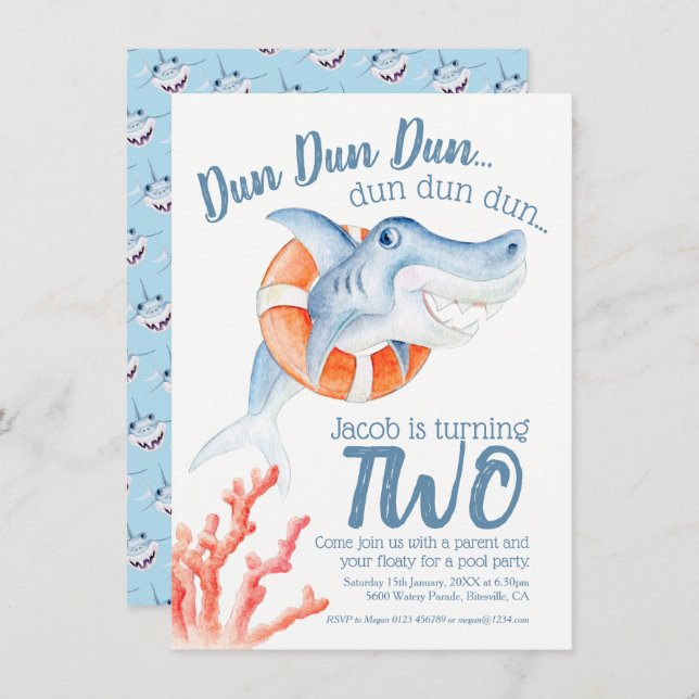 Kinderhai schwimmen Lebensdauer 2. Geburtstag Part Einladung (Vorne/Hinten)