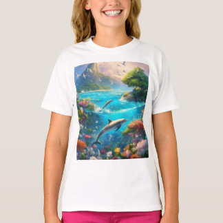 Kinderhemd mit Delphinen und weißen Vögeln T-Shirt