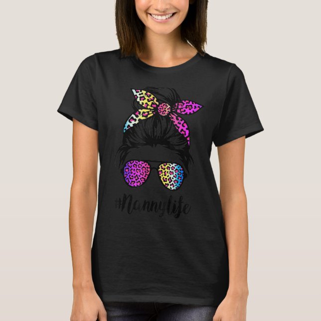 Kinderleben mit Regenbogen Leopard Messy Bun Mothe T-Shirt (Vorderseite)