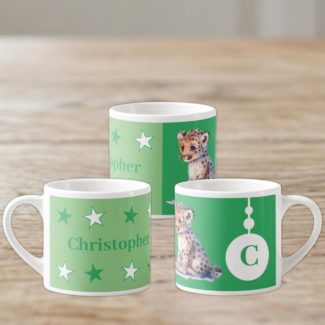 Kinderleopard-Tasse personalisierter Name grün Espressotasse (Von Creator hochgeladen)