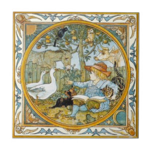 Kinderlesen bei Tieren Walter Crane Repro Fliese