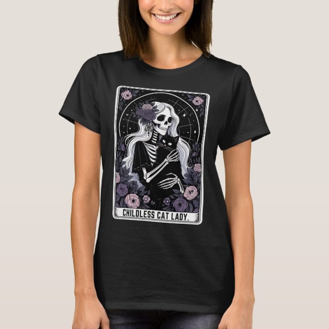 Kinderlose Katze Lady Niedlich Gothic Skeleton Tar T-Shirt (Vorderseite)