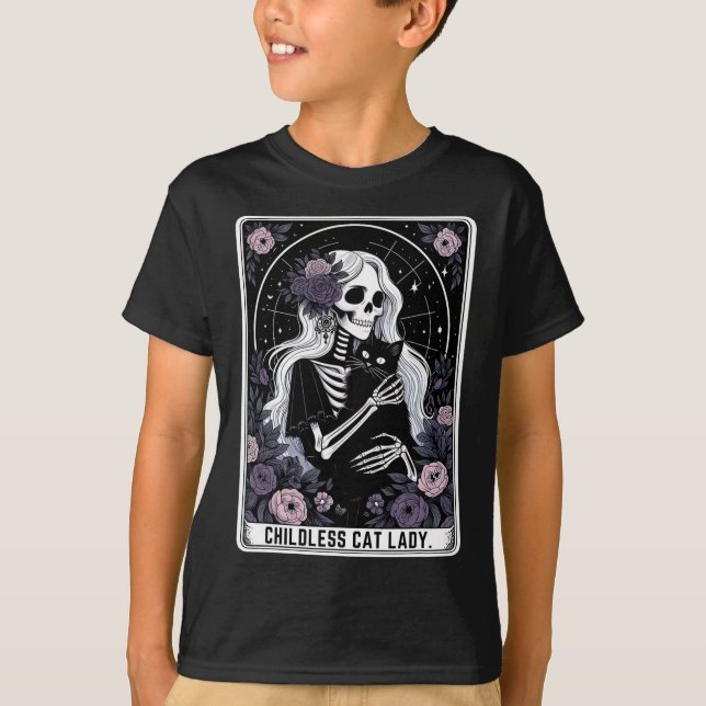 Kinderlose Katze Lady Niedlich Gothic Skeleton Tar T-Shirt (Vorderseite)