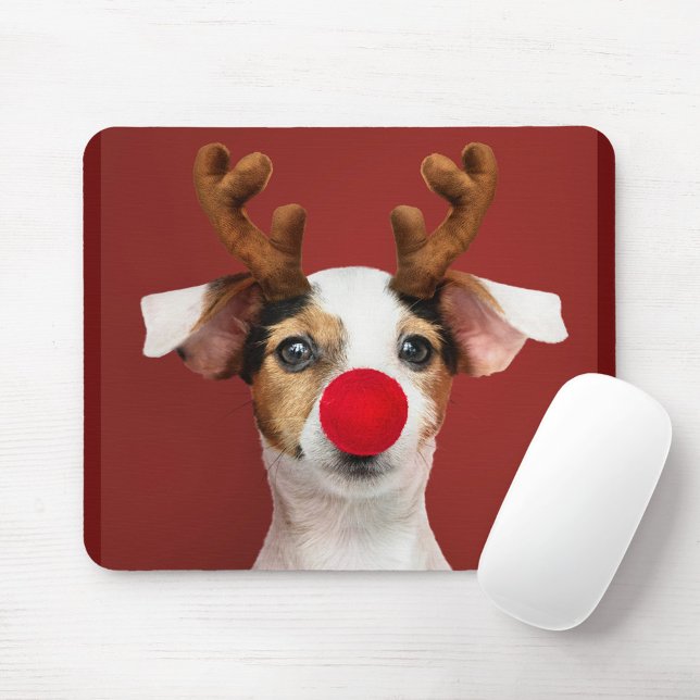 Kindermäuse-Pad Mousepad (A playful dog wearing reindeer antlers and a red nose against a red vibrant background!)