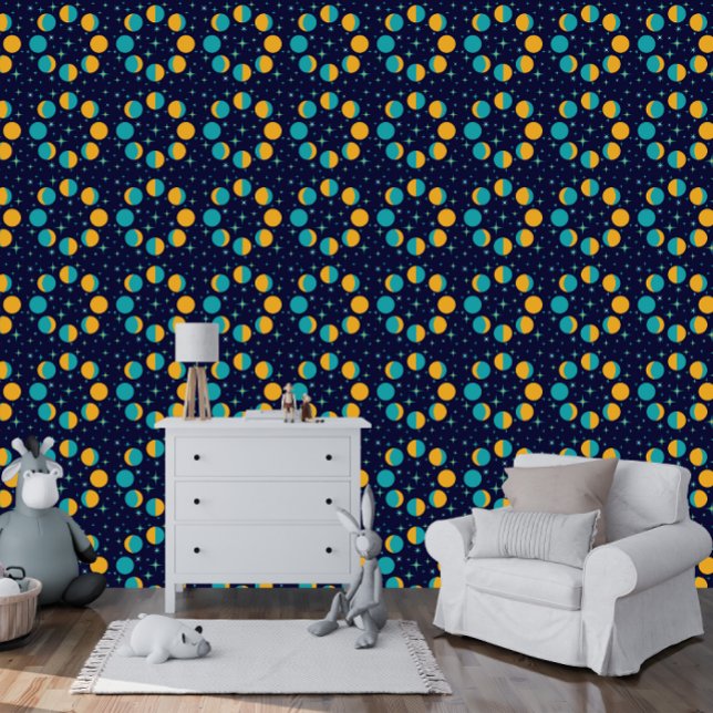 Kindermondphasen und Star Twinkles Dark Blue Tapete (Kid's Room or Playroom Moon Phases and Stars Twinkles Dark Blue | Golden Yellow | Aqua Wallpaper)