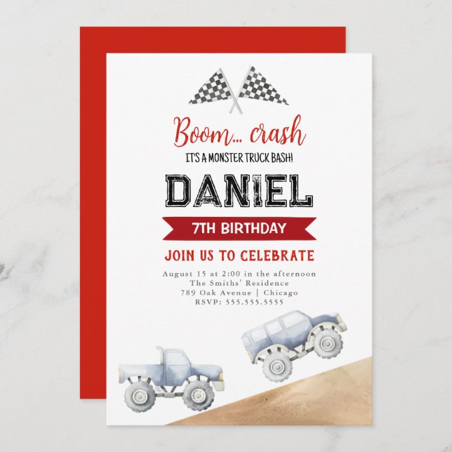 Kindermonster Truck Geburtstagsparty Einladung (Vorne/Hinten)