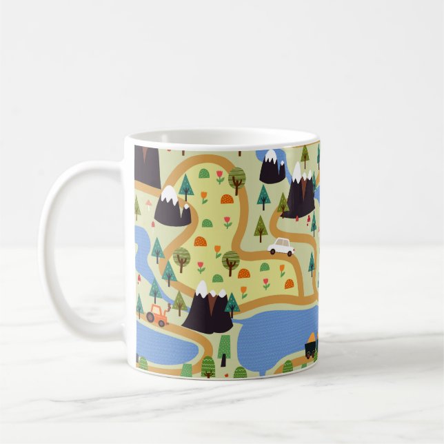 Kindernahtloses Muster mit Bergen, Fluss, f Kaffeetasse (Links)