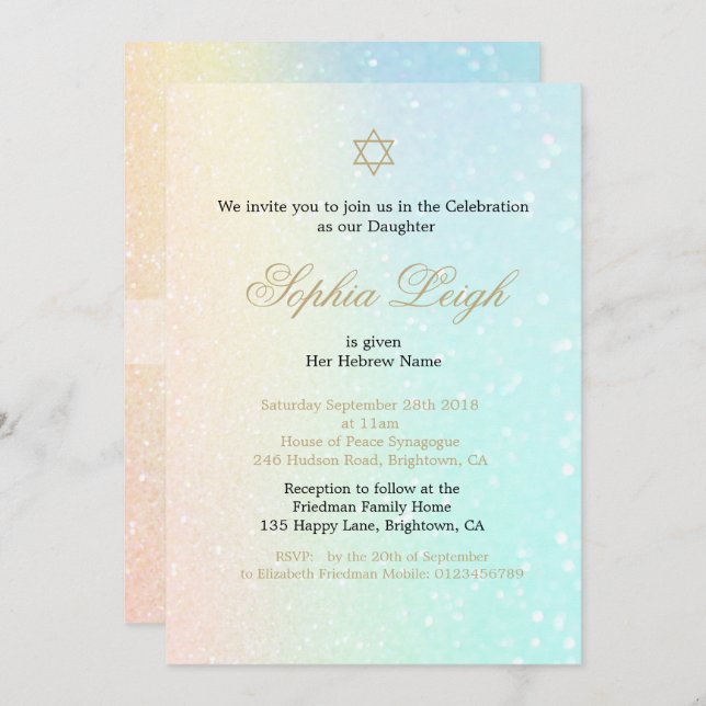 Kindernamenszeremonie Hebräischer Girl Pink-Glitze Einladung (Vorne/Hinten)