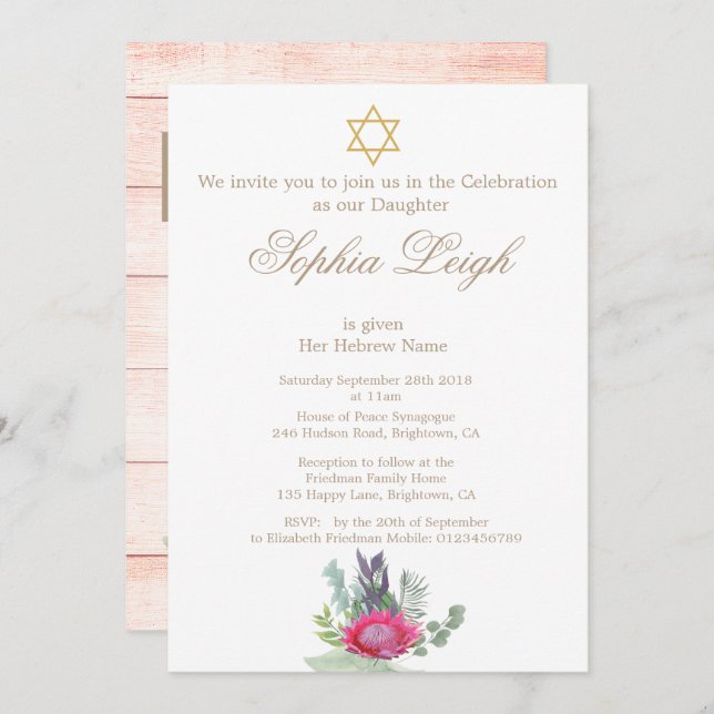 Kindernamenszeremonie Hebrew Floral Rustic Girl Einladung (Vorne/Hinten)