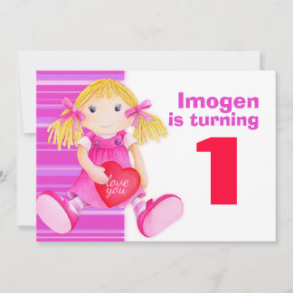 Kinderpuppe ersten Geburtstag pink Geburtstag einl Einladung