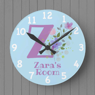 Kinderschlafzimmeruhr mit Name & Anfangsbuchstabe Runde Wanduhr