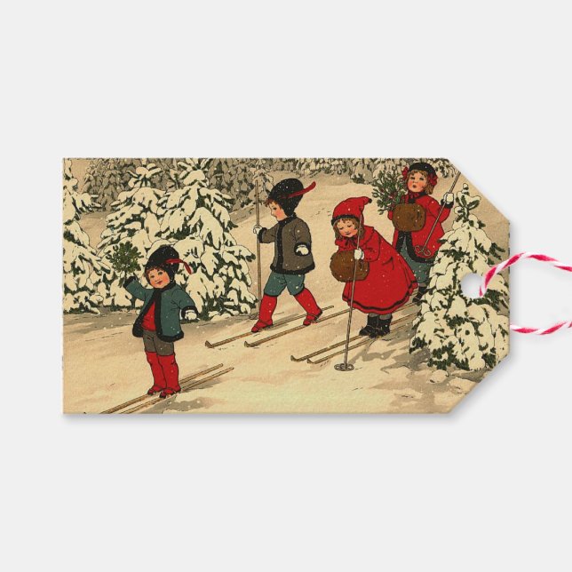 Kinderski, eine Vintage Winterlandschaft Geschenkanhänger (Vorderseite (Horizontal))