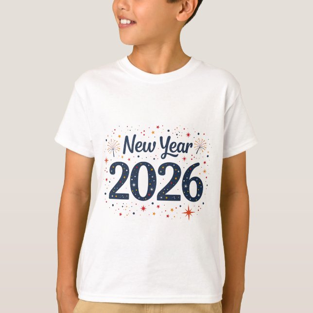 Kinderspiel Neujahr 2026 t Shirt mit Stars (Vorderseite)