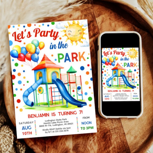 Kinderspielplatz Einladung - Party im Park (Celebrate with our Party in the Park invitation, perfect for a boy's outdoor playground birthday.)
