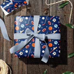 Kindersportgeräte-Muster auf Blue Birthday Geschenkpapier