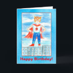 KinderSuperheld-alles Gute zum Geburtstag Karte<br><div class="desc">Ein süßer junger Junge stehend auf Gebäude in seinem roten,  weißen und blauen Superherokostüm komplett mit stehendem hohem illustriertem des Kaps und der Maske mit farbigem Bleistift und Watercolor.</div>