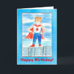 KinderSuperheld-alles Gute zum Geburtstag Karte<br><div class="desc">Ein süßer junger Junge stehend auf Gebäude in seinem roten,  weißen und blauen Superherokostüm komplett mit stehendem hohem illustriertem des Kaps und der Maske mit farbigem Bleistift und Watercolor.</div>